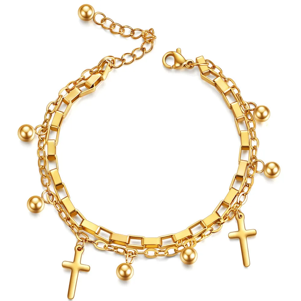 Fashion Titanium Steel Cross Double Layer Bracelet