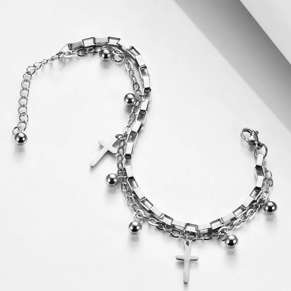 Fashion Titanium Steel Cross Double Layer Bracelet