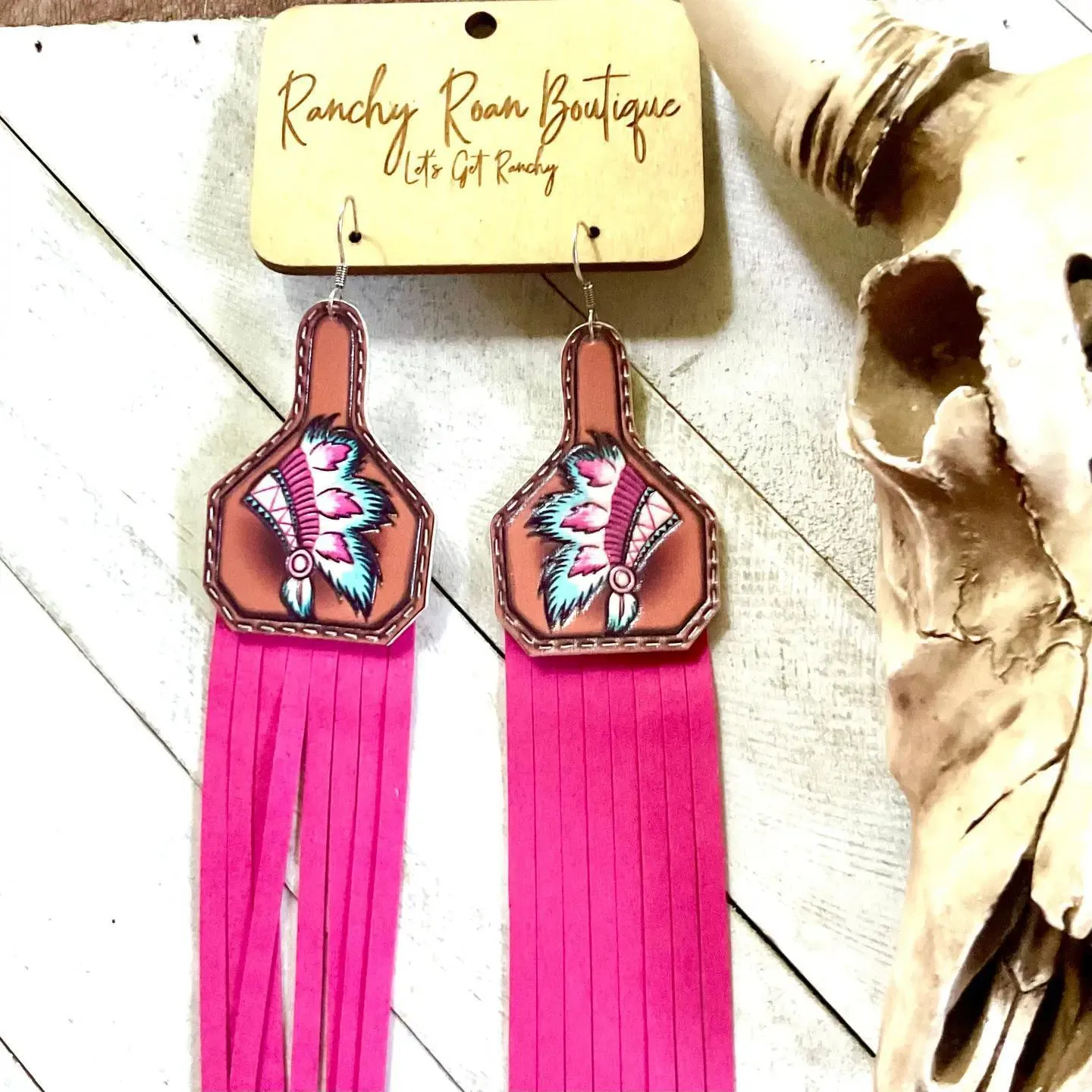 Feathered Indian Leather with Tassel Dangle Earrings