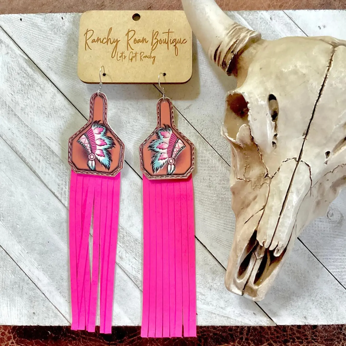 Feathered Indian Leather with Tassel Dangle Earrings