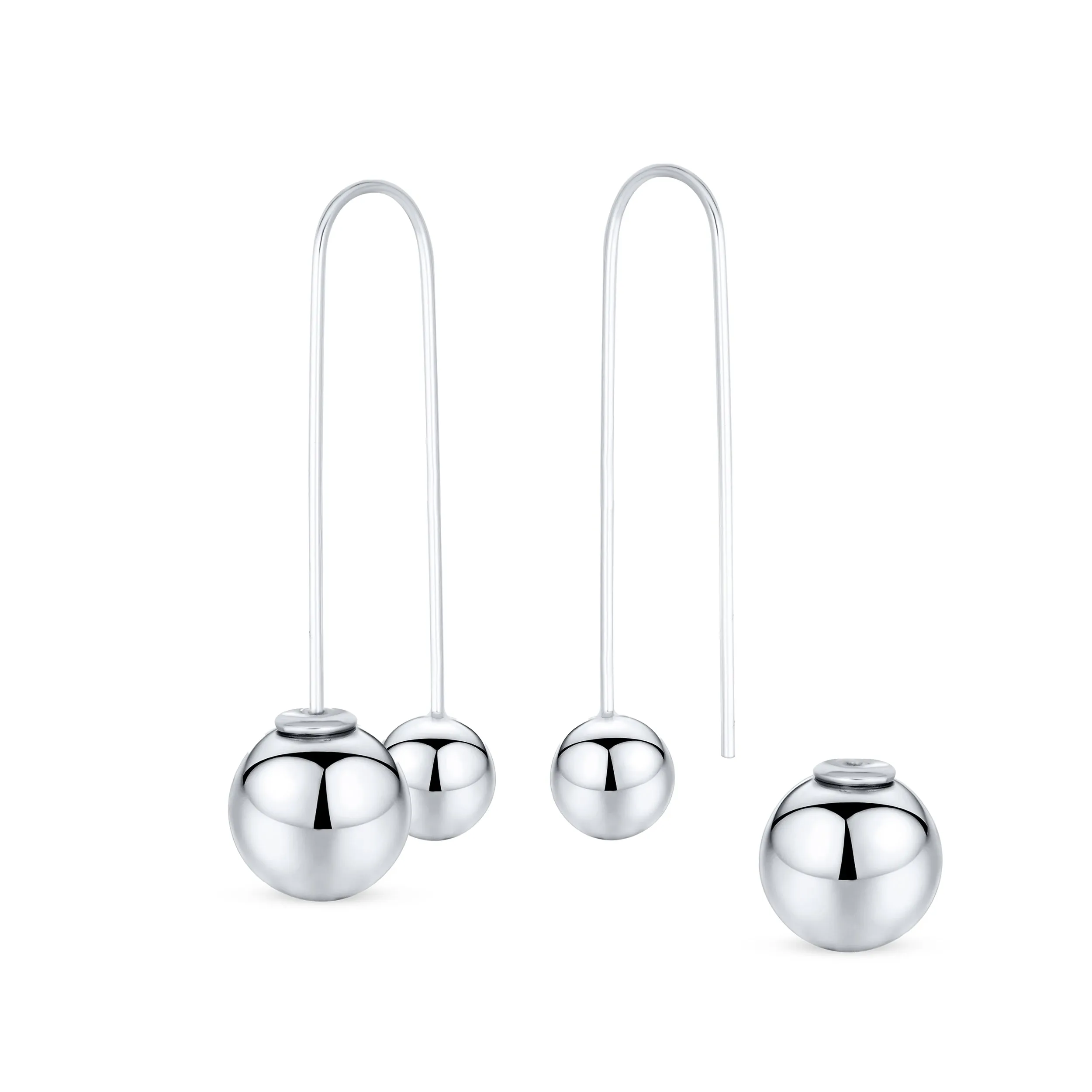 Geometric Long Wire Threader Ball Drop Earrings Gold Plated 925 Silver