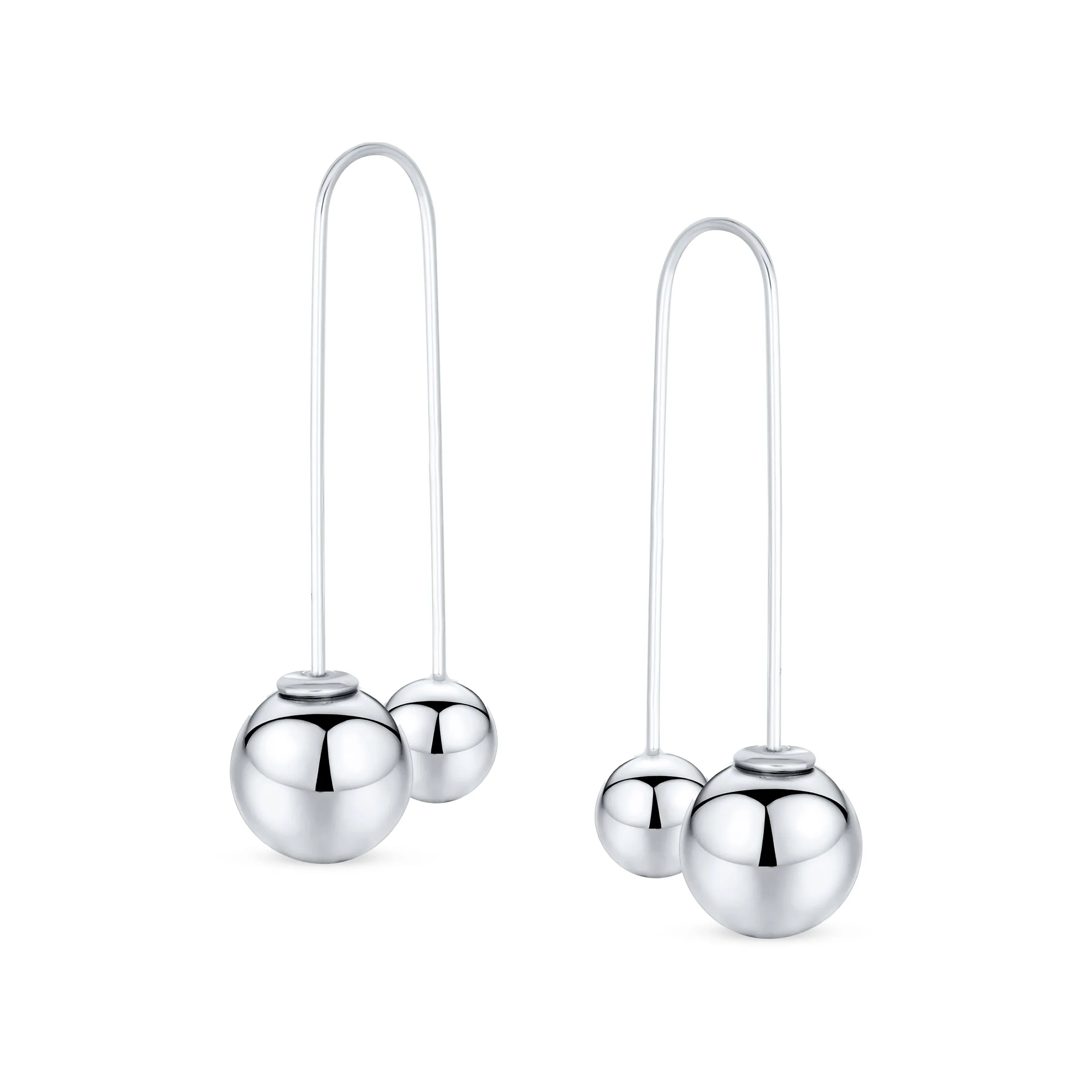 Geometric Long Wire Threader Ball Drop Earrings Gold Plated 925 Silver