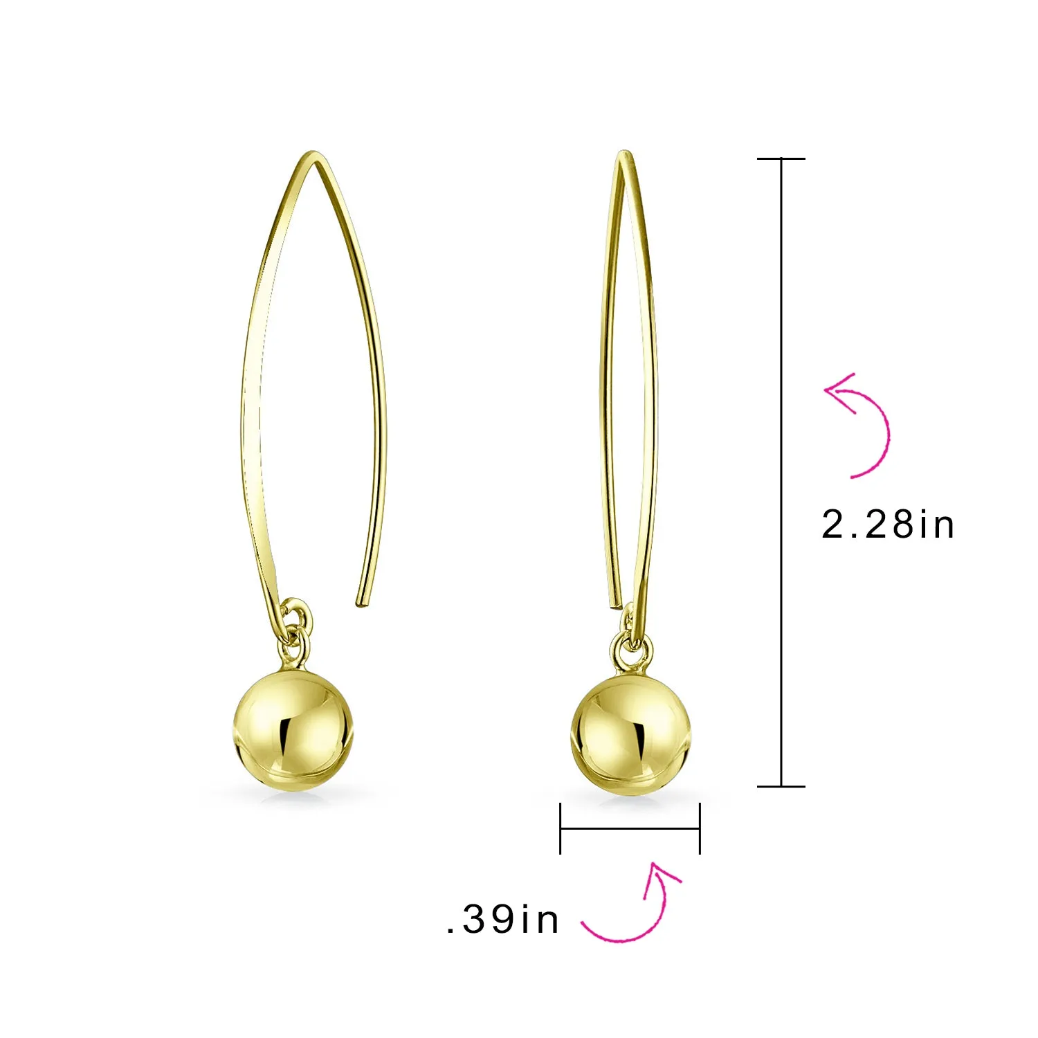 Geometric Long Wire Threader Ball Drop Earrings Gold Plated 925 Silver