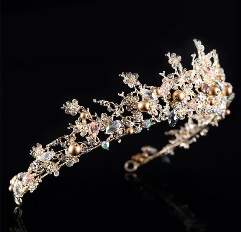 Gold crystal Tiara Crown Detailed Princess Queen headdress bridal cosplay diadem