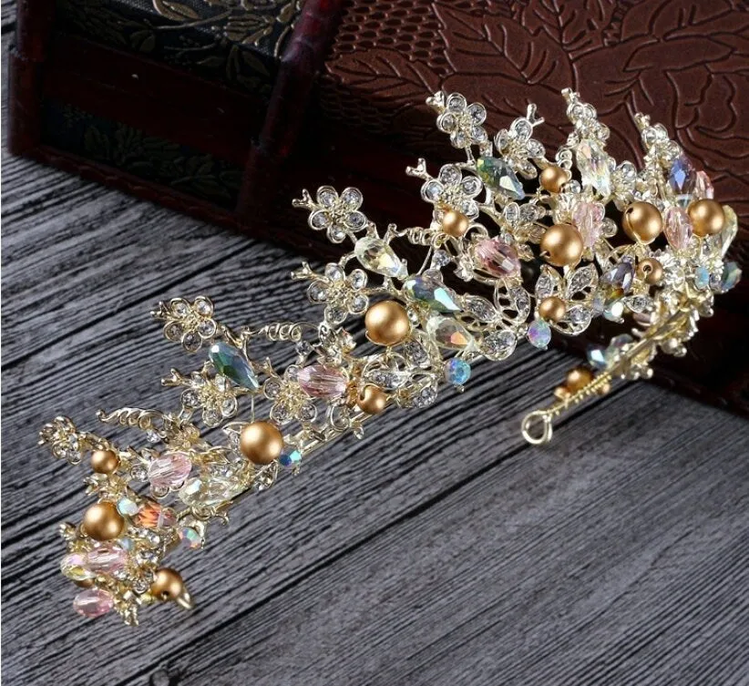 Gold crystal Tiara Crown Detailed Princess Queen headdress bridal cosplay diadem