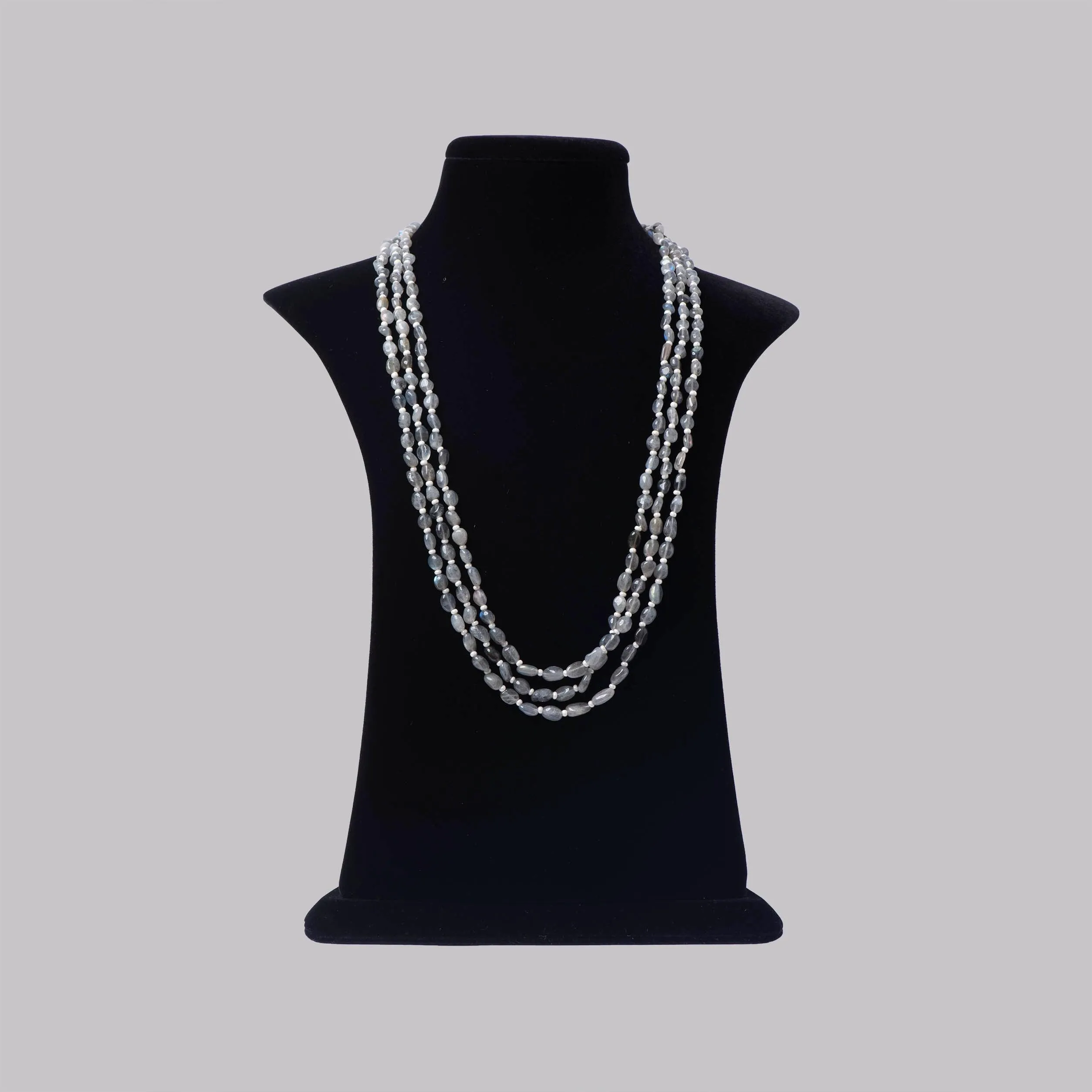 Grey Onyx 3 Line Silver Mala
