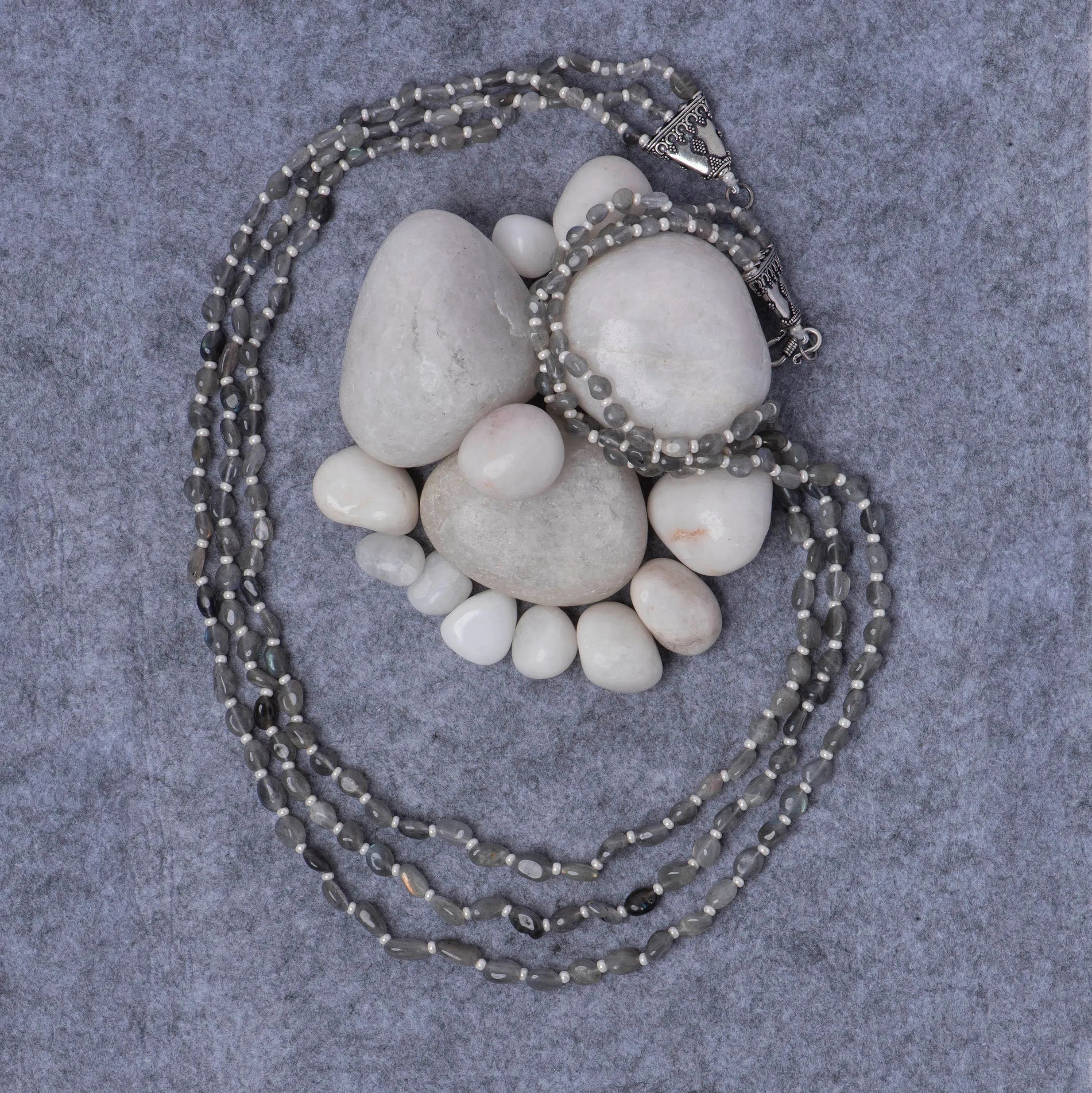Grey Onyx 3 Line Silver Mala