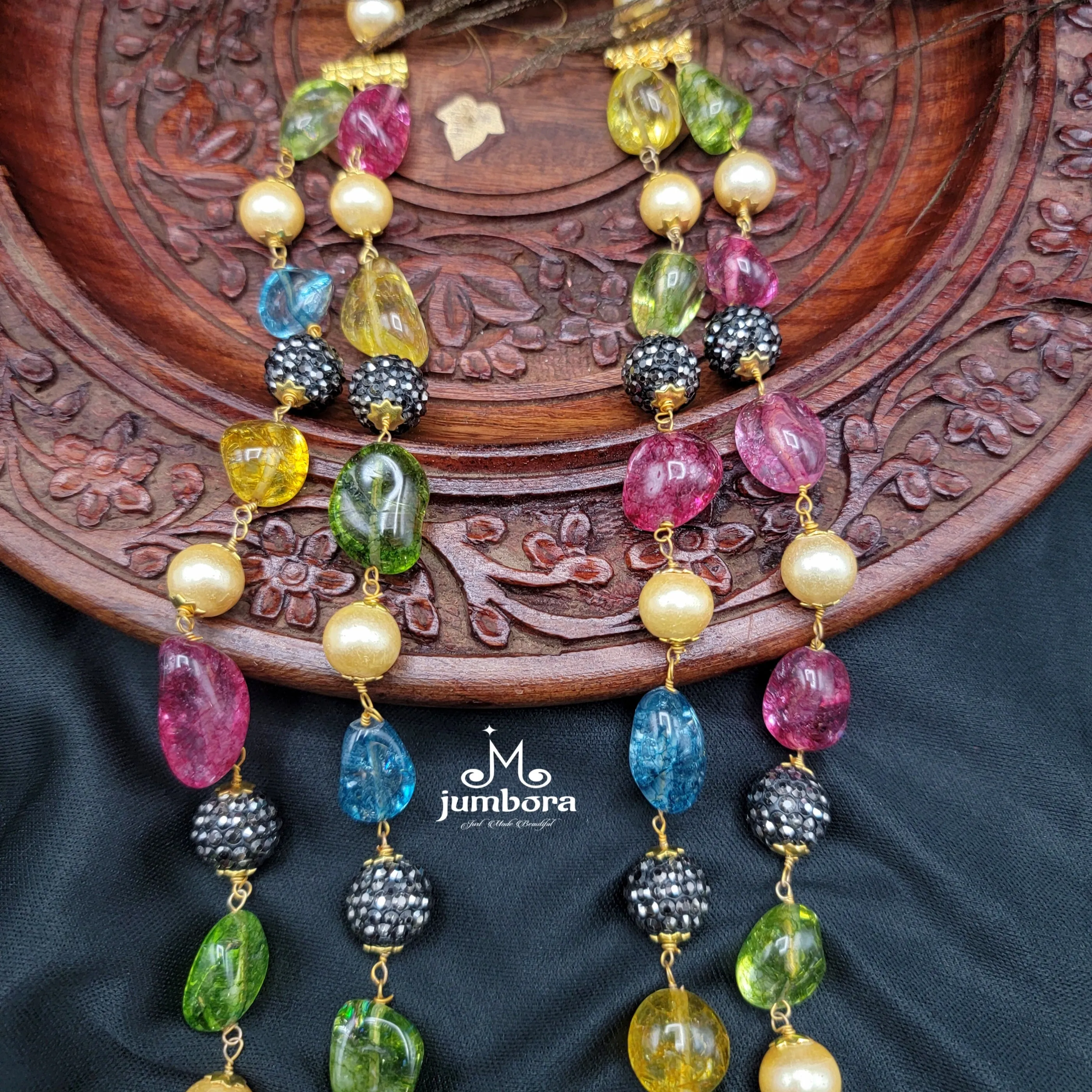 Handmade Double Row Multicolor Nugget Onyx Mala Necklace Set