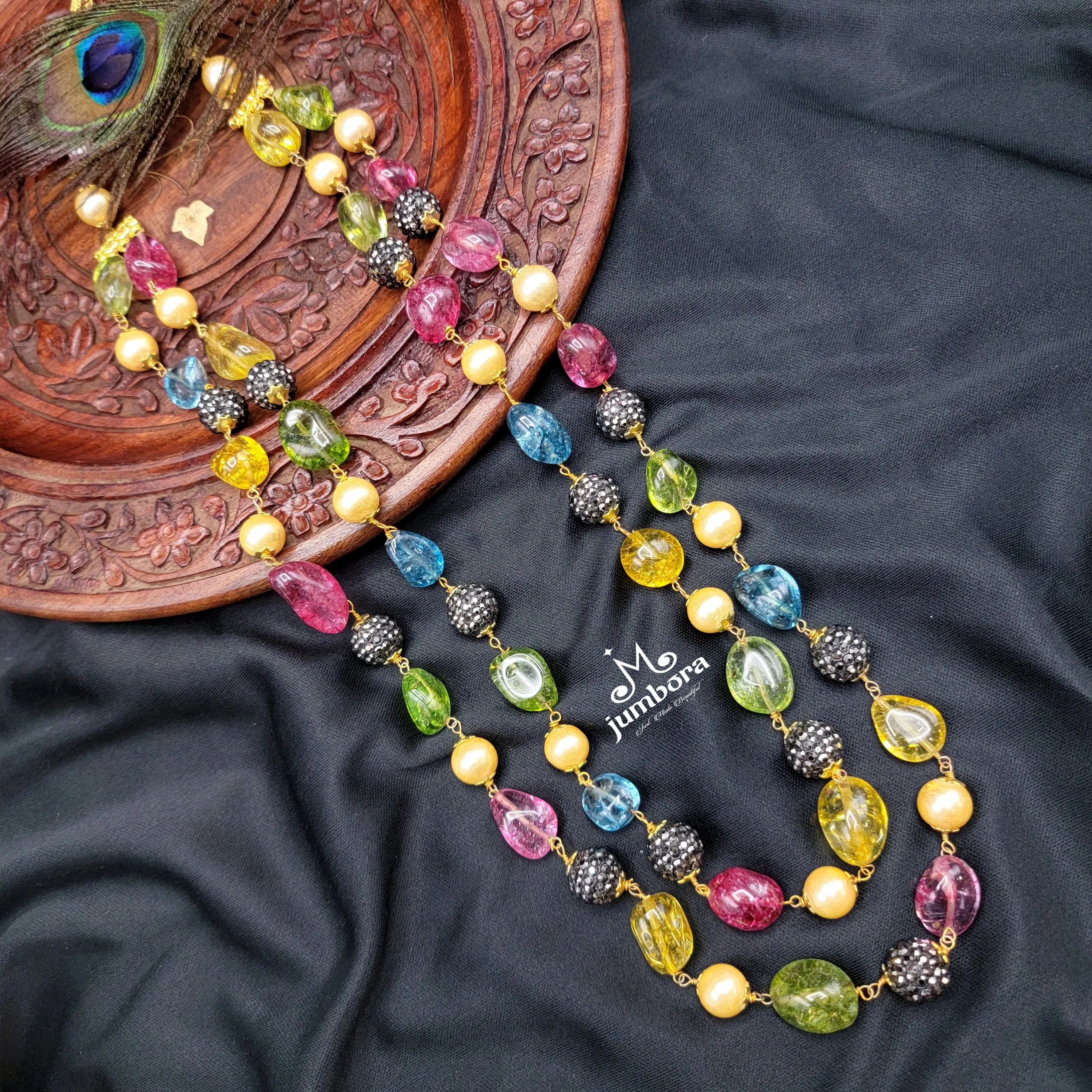 Handmade Double Row Multicolor Nugget Onyx Mala Necklace Set