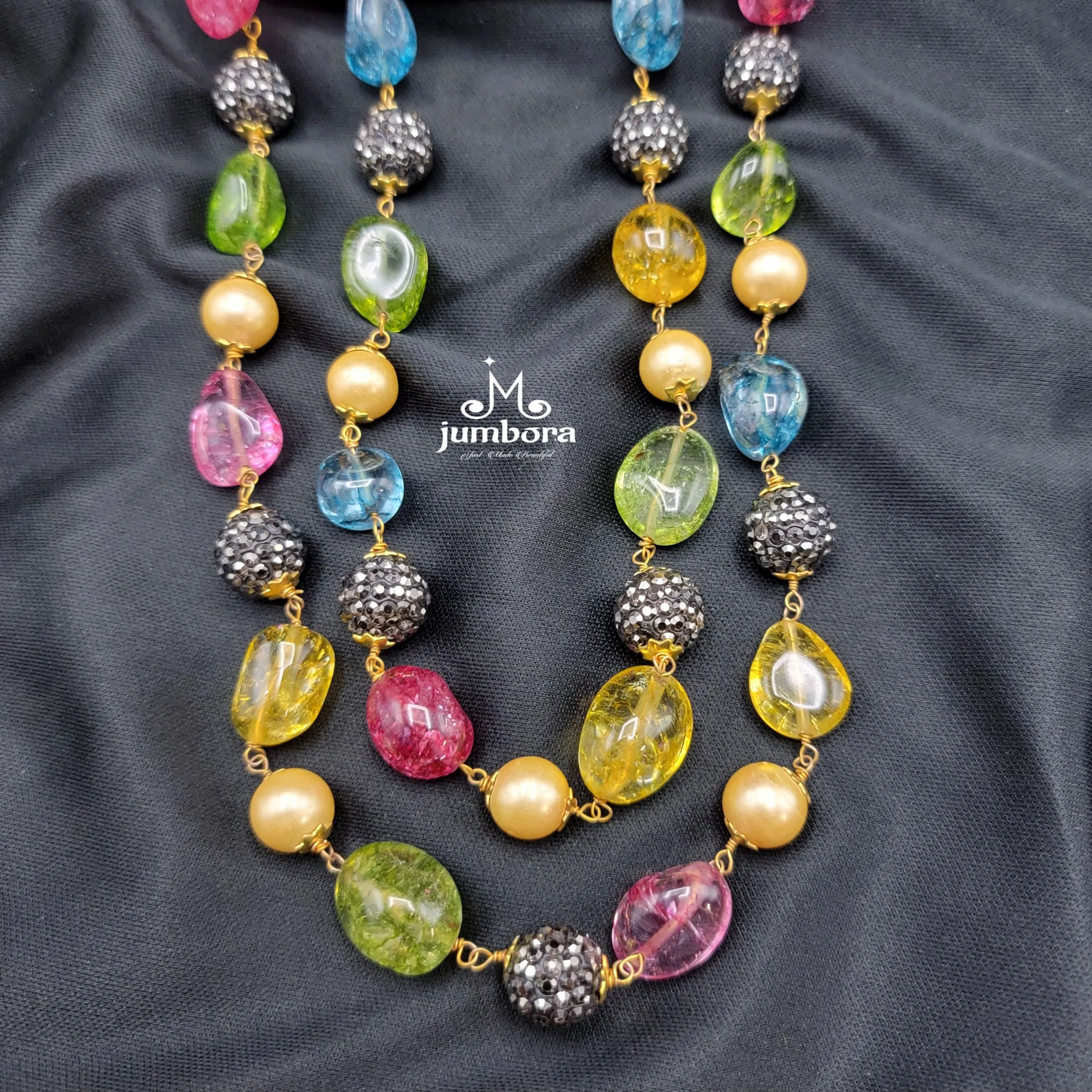 Handmade Double Row Multicolor Nugget Onyx Mala Necklace Set