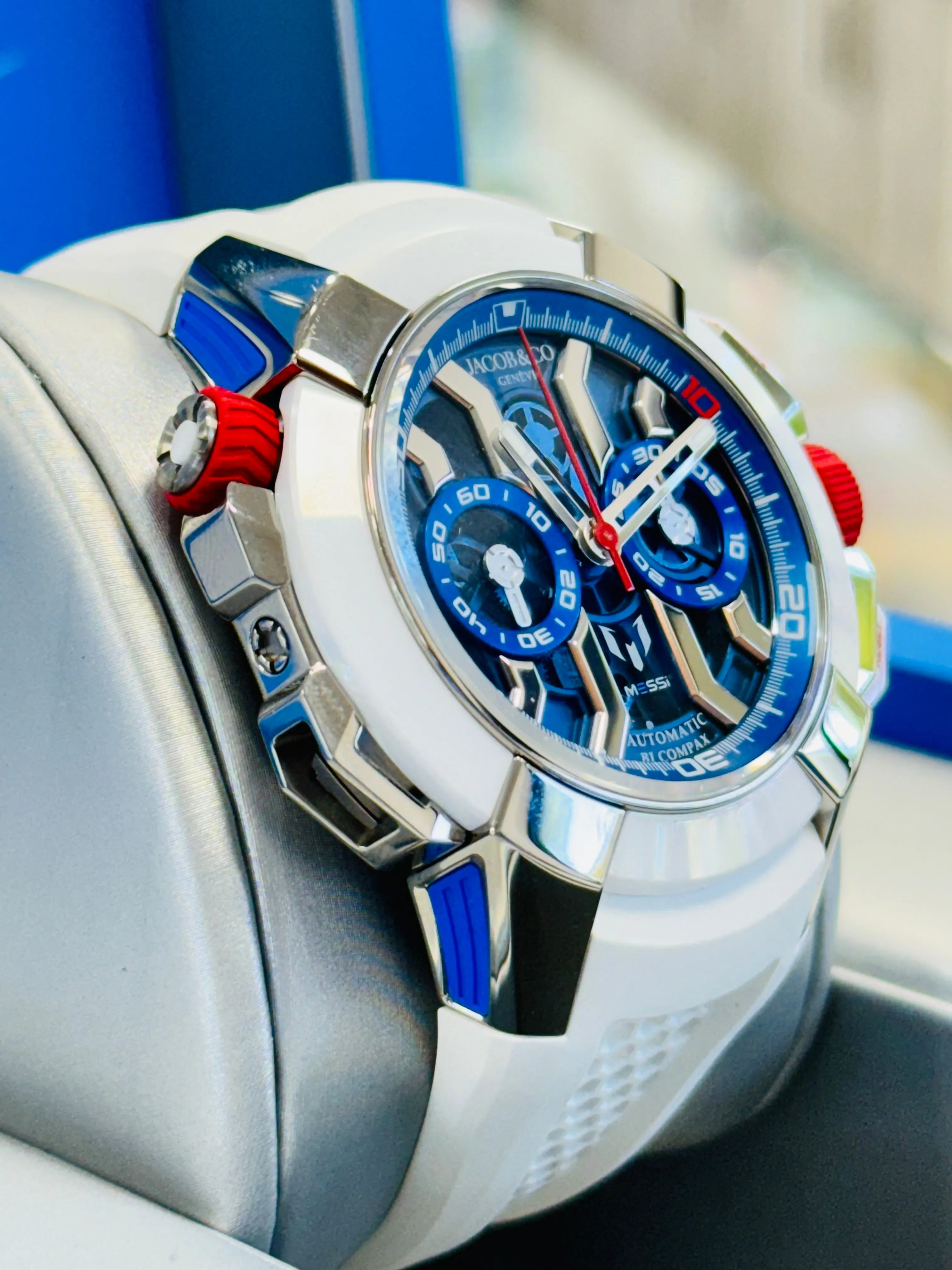 Jacob & Co. Epic X Chrono Messi 47 EC313.20.PE.LL.K Titanium Blue Dial Box and Papers