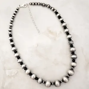 Large Navajo Pearls & Onyx Graduated Necklace Sterling Silver
