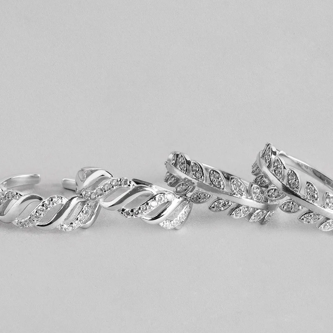 Leafy Waves Rhodium Plated 925 Silver Toe Ring Combo