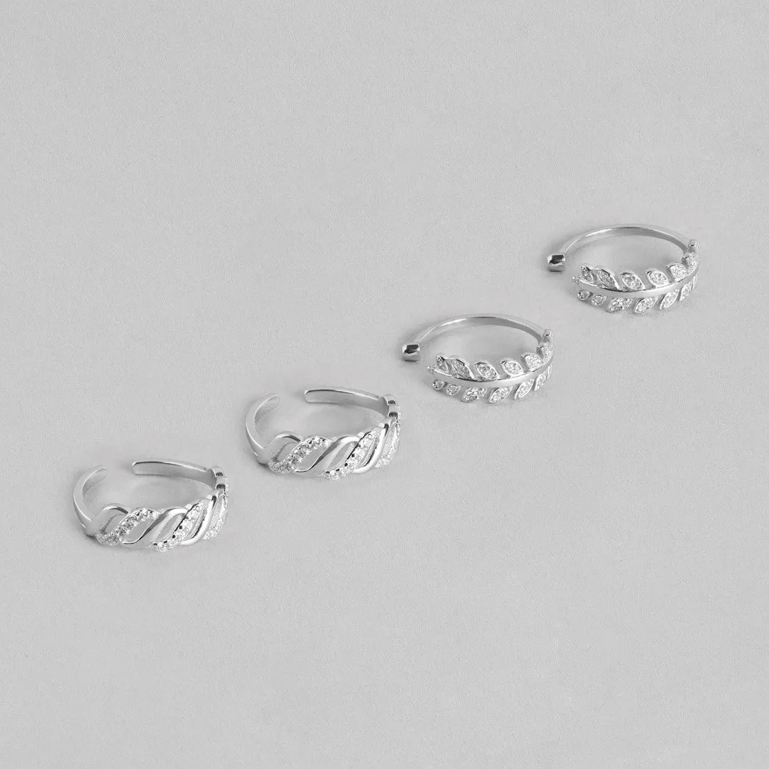 Leafy Waves Rhodium Plated 925 Silver Toe Ring Combo