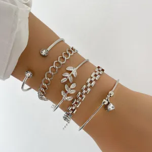 MAC093 Geometric Leaf Point Diamond Beaded Heart Rhinestone Open Bracelet Set