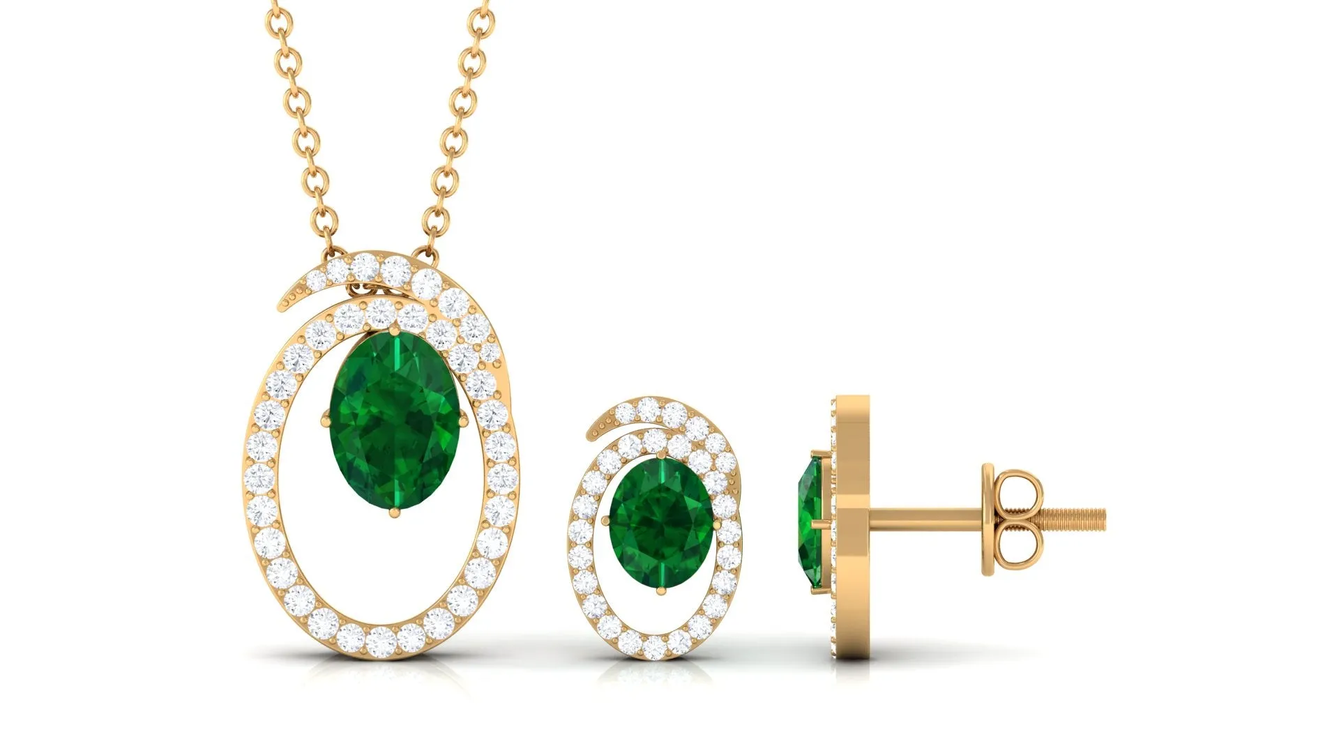 Oval Created Emerald and Moissanite Contemporary Jewelry Set