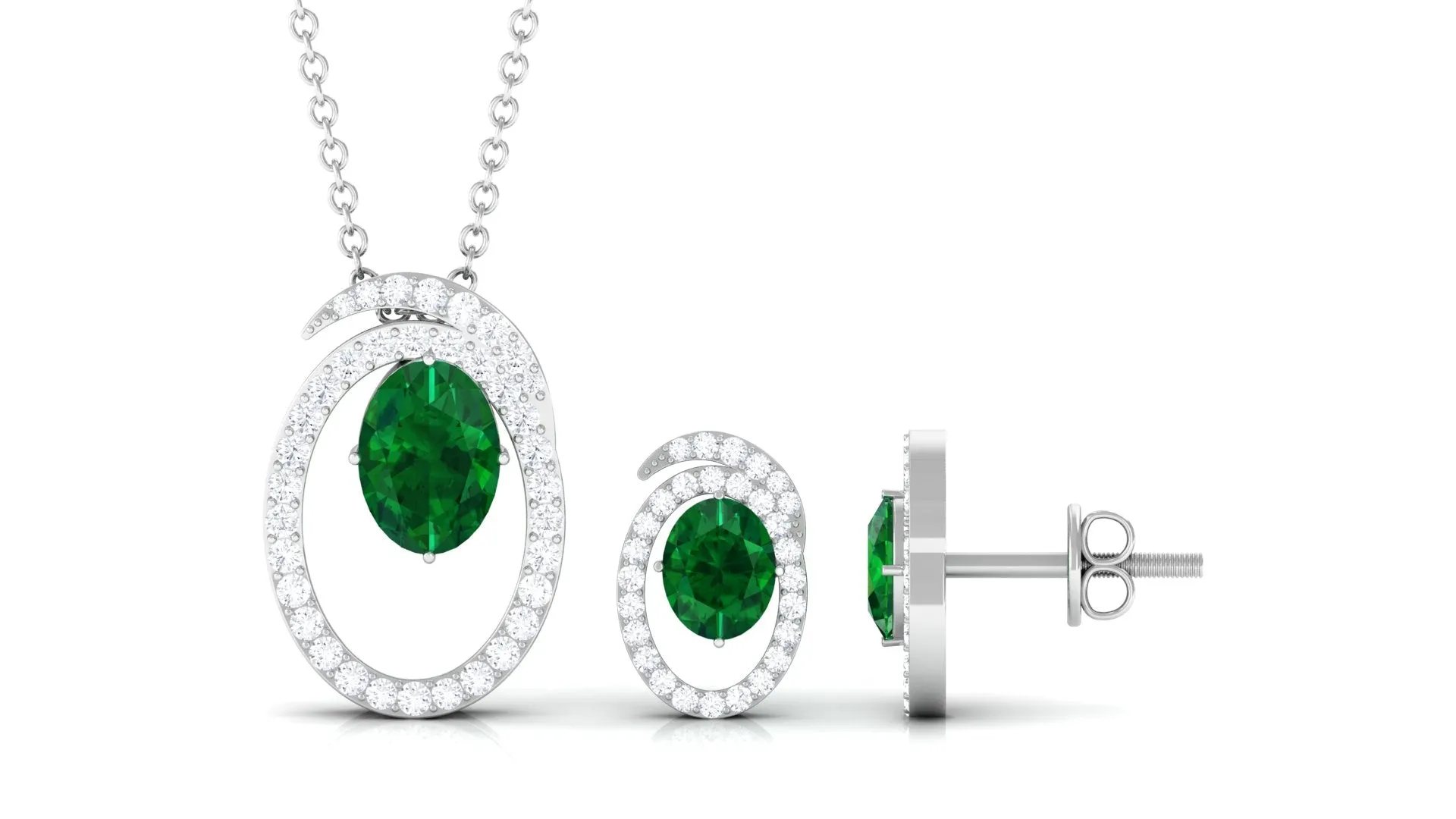 Oval Created Emerald and Moissanite Contemporary Jewelry Set