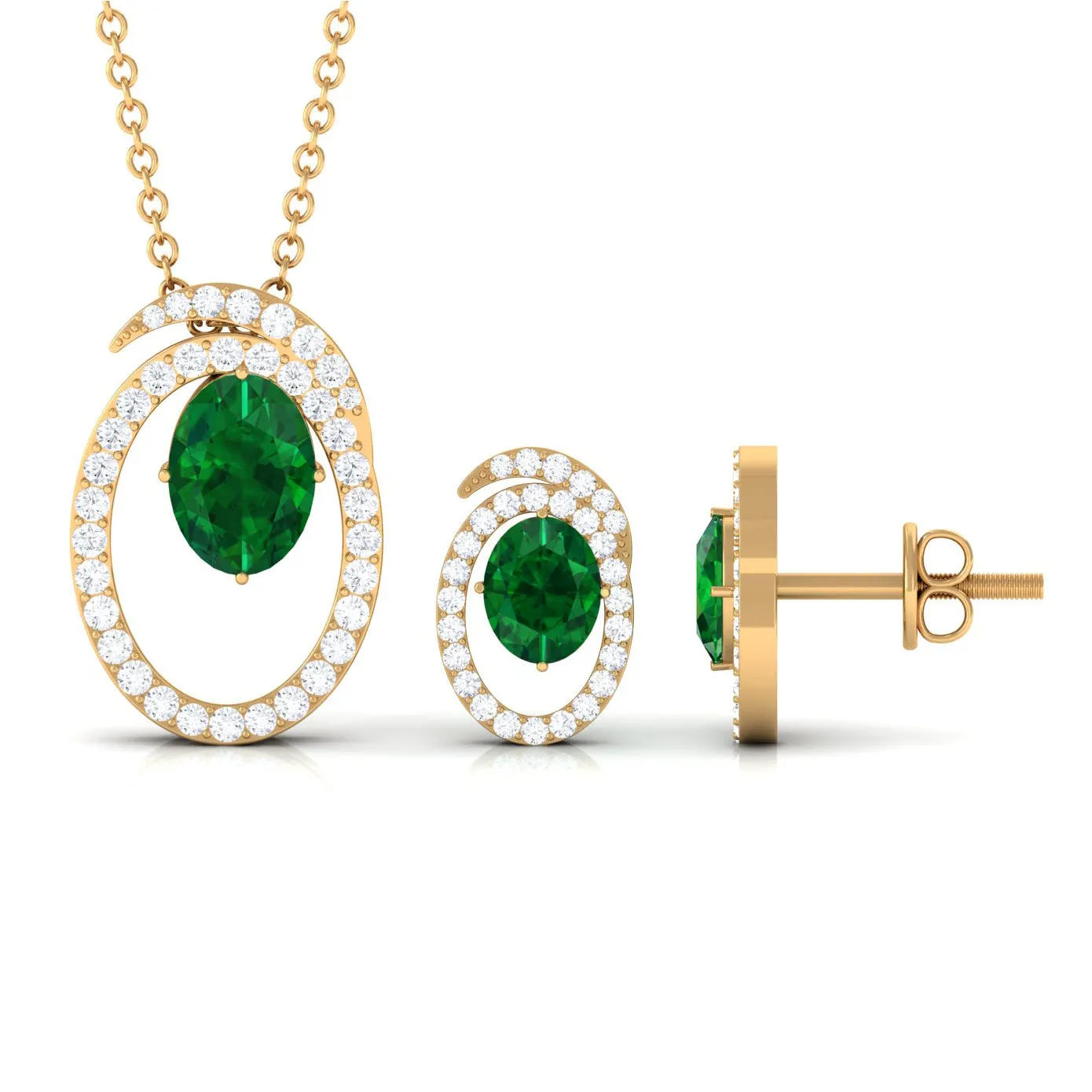 Oval Created Emerald and Moissanite Contemporary Jewelry Set