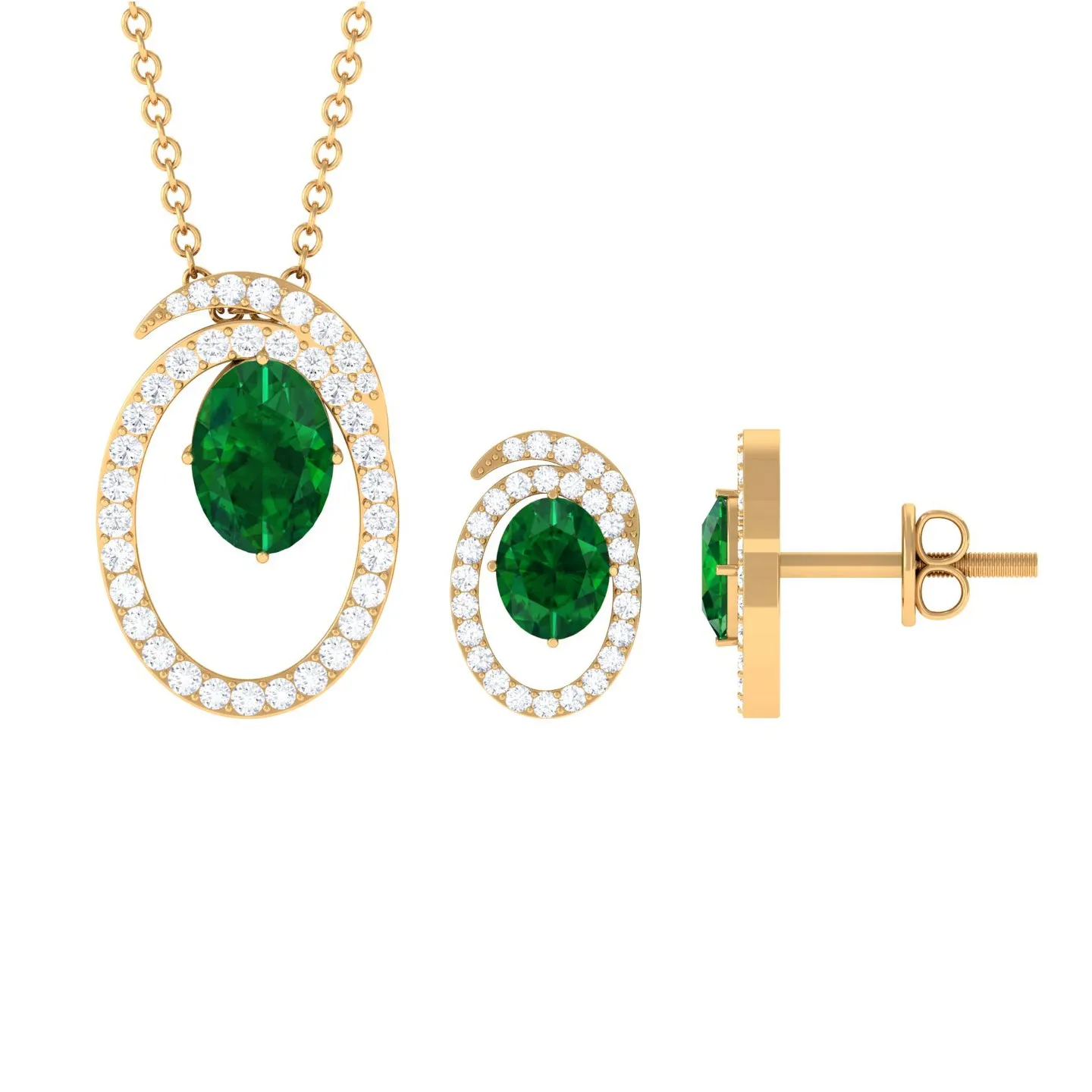 Oval Created Emerald and Moissanite Contemporary Jewelry Set
