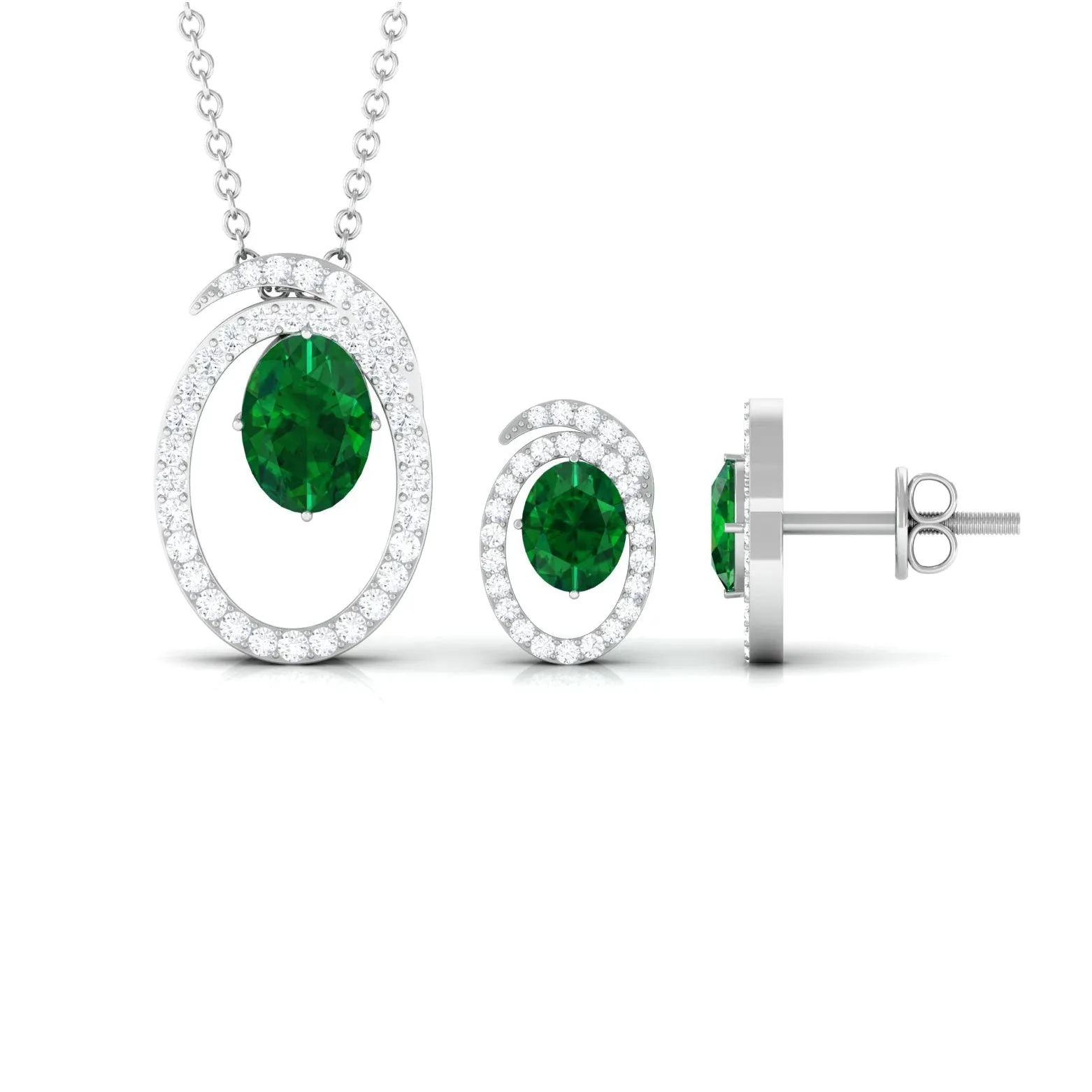 Oval Created Emerald and Moissanite Contemporary Jewelry Set