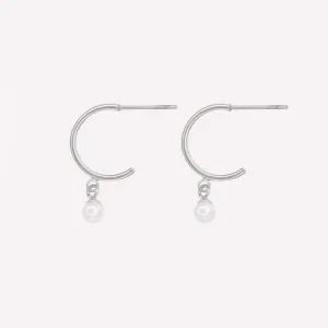 PEARL DANGLE HUGGIE HOOP EARRINGS IN SILVER