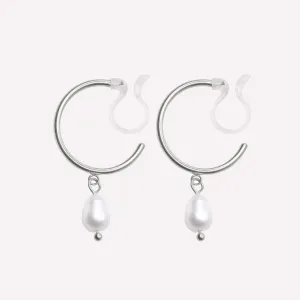 PEARL DANGLE SMALL HOOP CLIP-ON EARRINGS IN SILVER