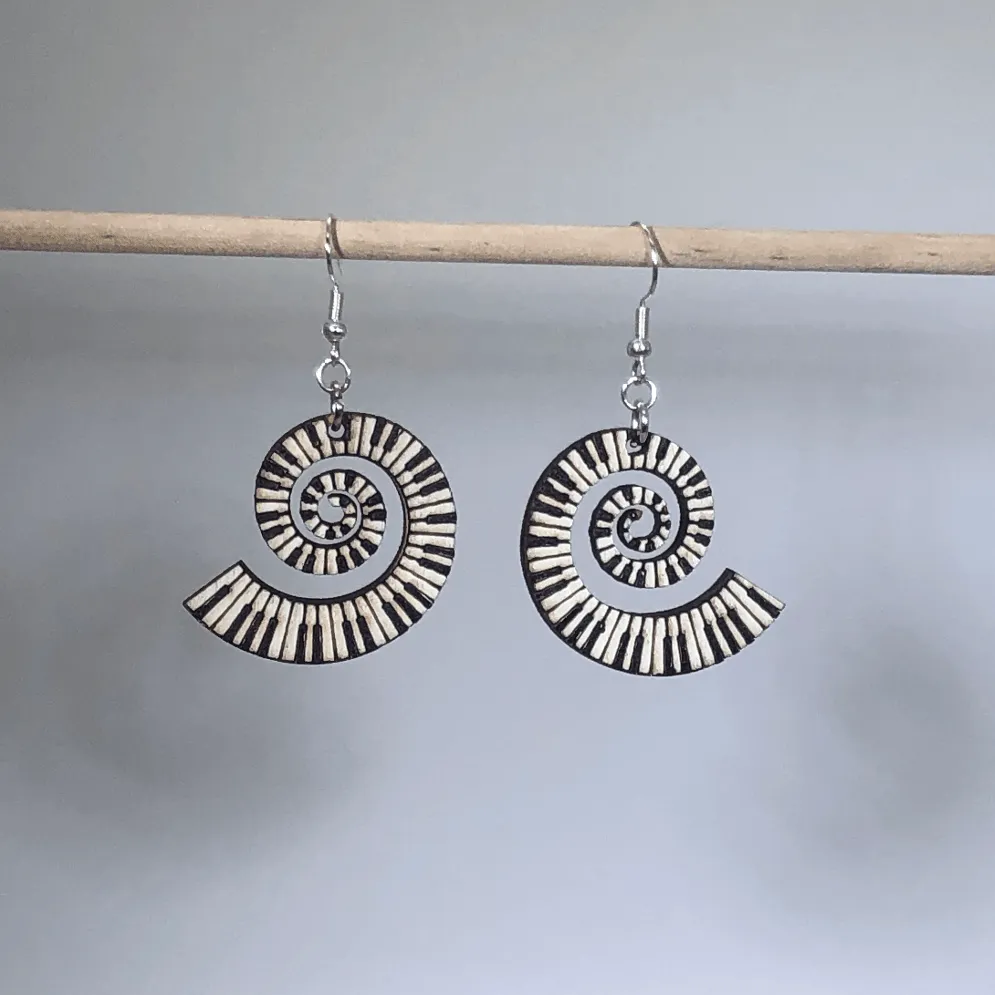 Piano Swirling Keyboard Wooden Dangle Earrings by Cate's Concepts, LLC