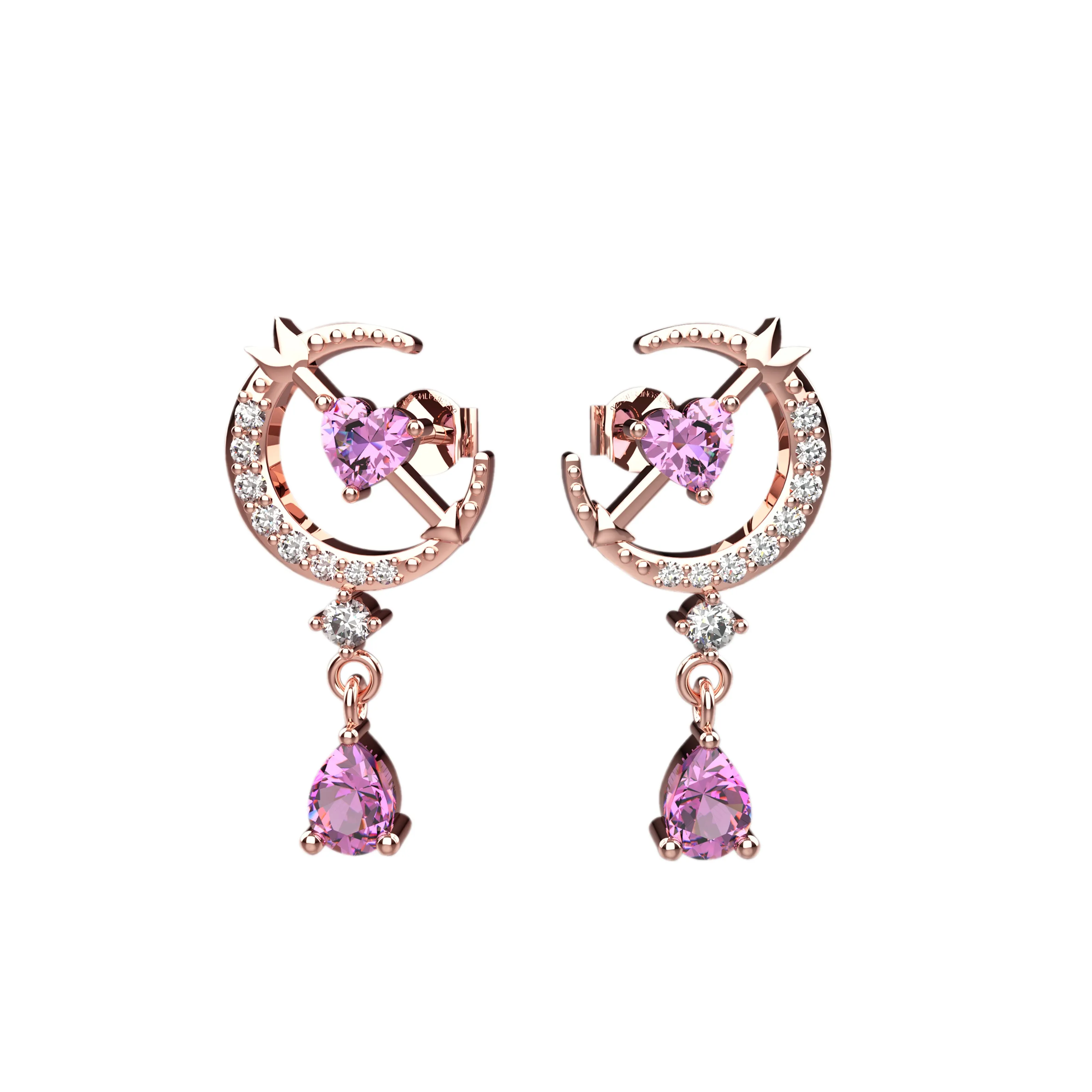 Pink Crystal Moon Dangle Stud Earrings