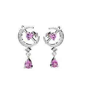 Pink Crystal Moon Dangle Stud Earrings