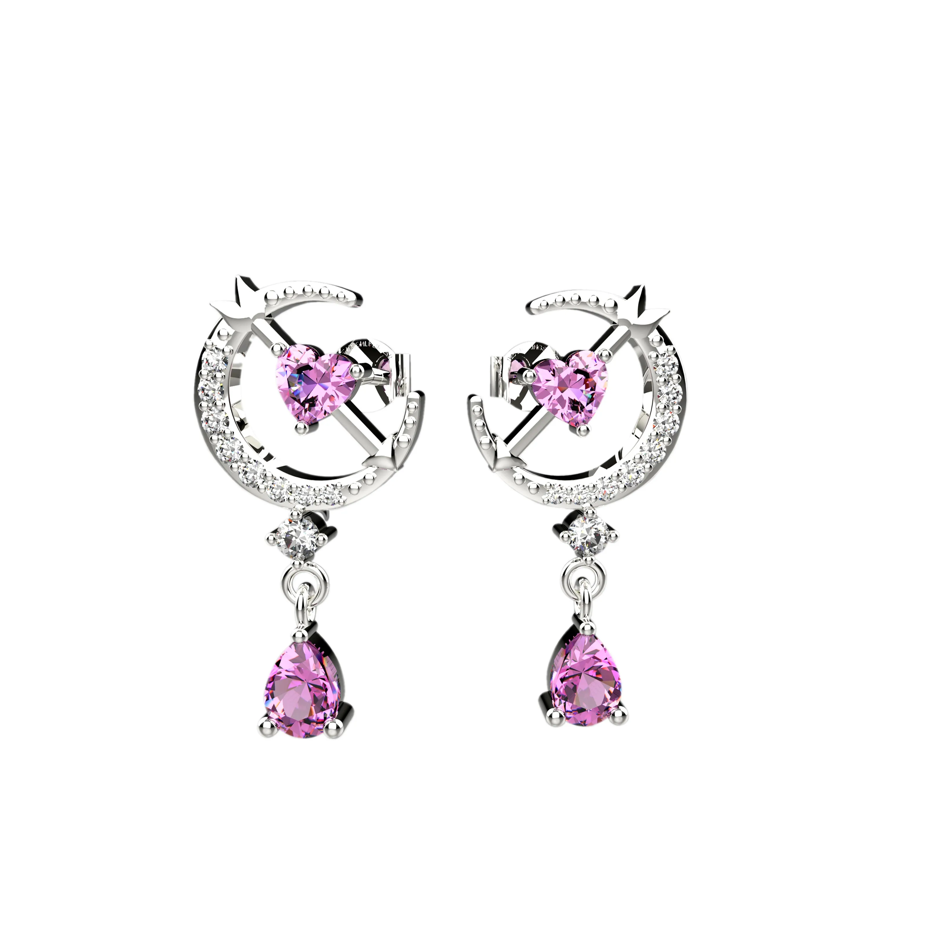 Pink Crystal Moon Dangle Stud Earrings