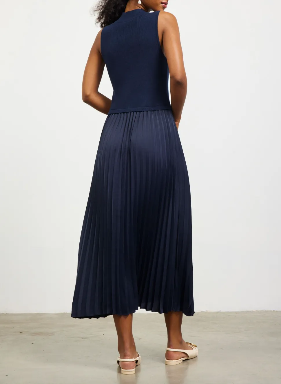 Pleated Contrast Mock Neck Dress