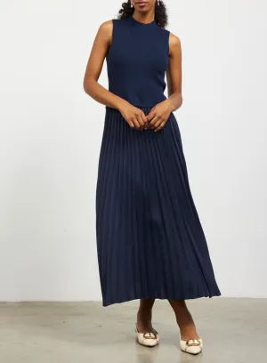 Pleated Contrast Mock Neck Dress