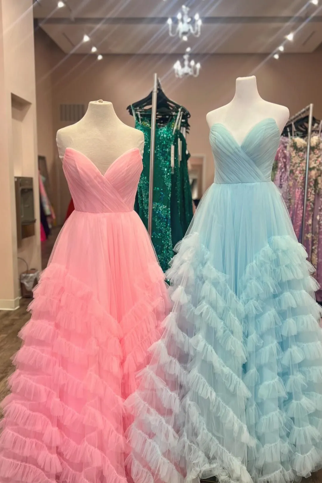 Pleated Sweetheart Lilac Tulle Ruffles Long Formal Dress