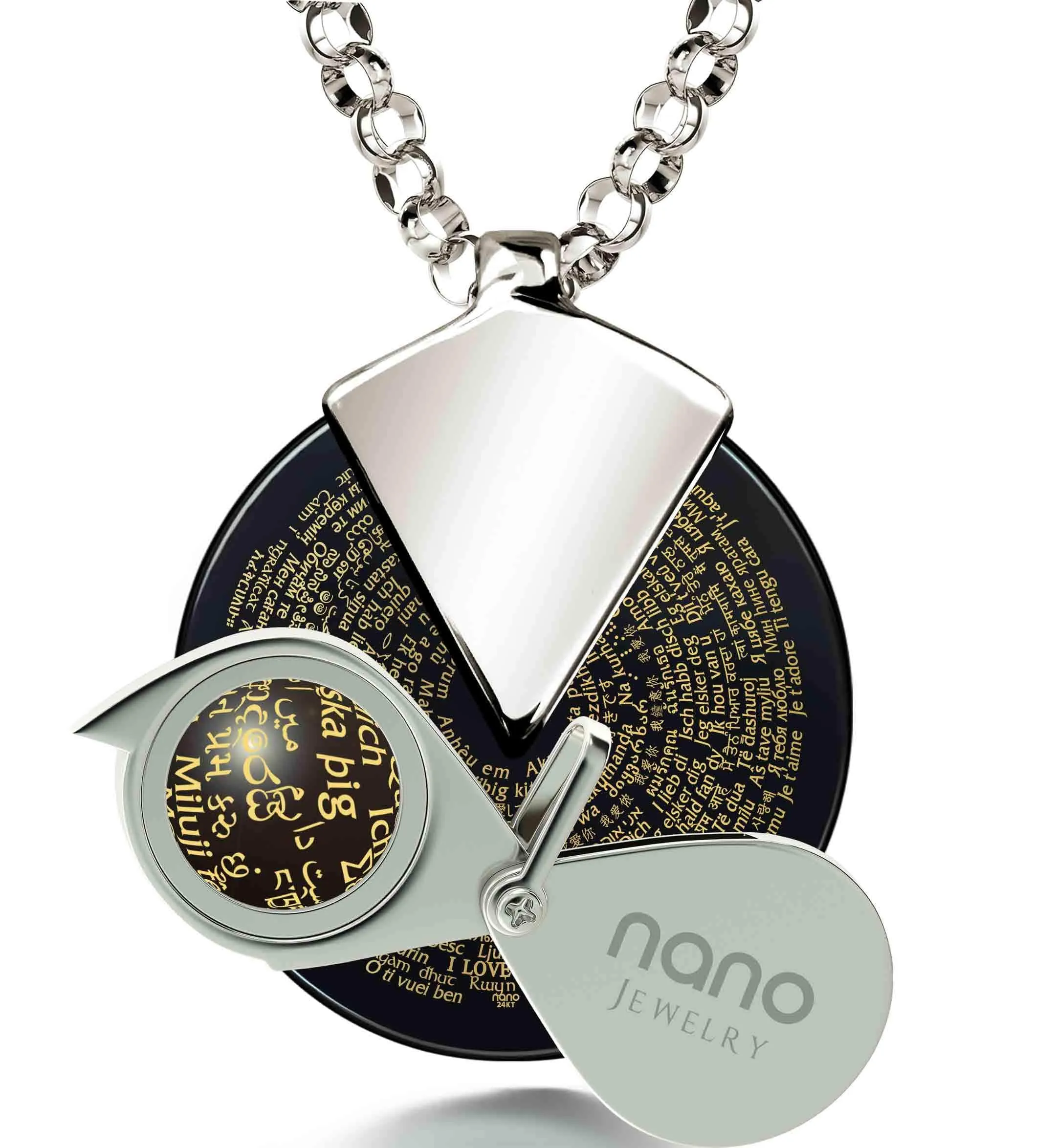 "I Love You" in 120 Languages, 14k White Gold Necklace, Onyx