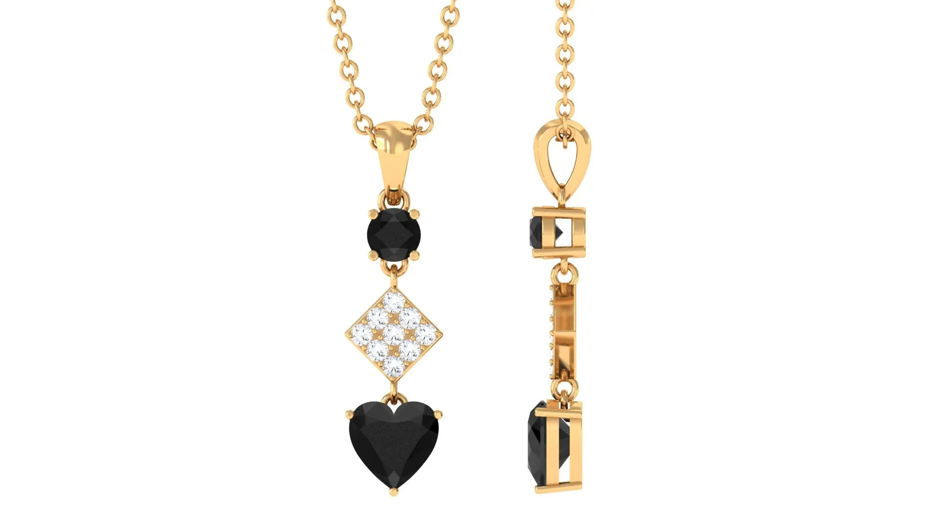 Real Black Onyx and Diamond Heart Dangle Pendant