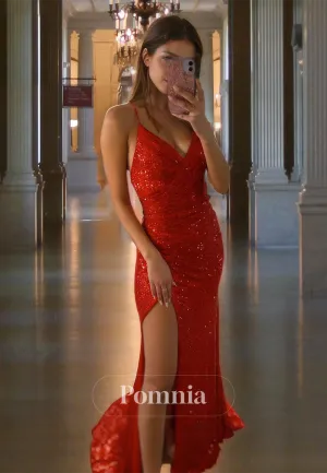 Red Sheath V-Neck  Sparkly Prom Dress with Slit Lace-Up Back Long Evening Dress Red Sheath V-Neck  Sparkly Prom Dress with Slit Lace-Up Back Long Evening Dress