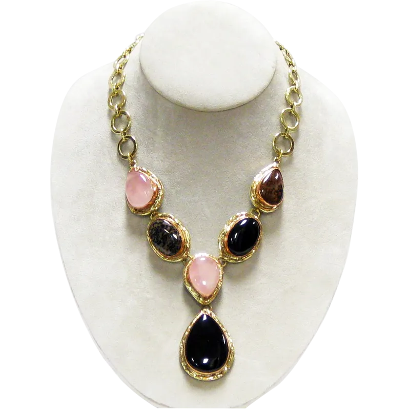 Rose Quartz, Brown Jasper and Black Onyx Necklace