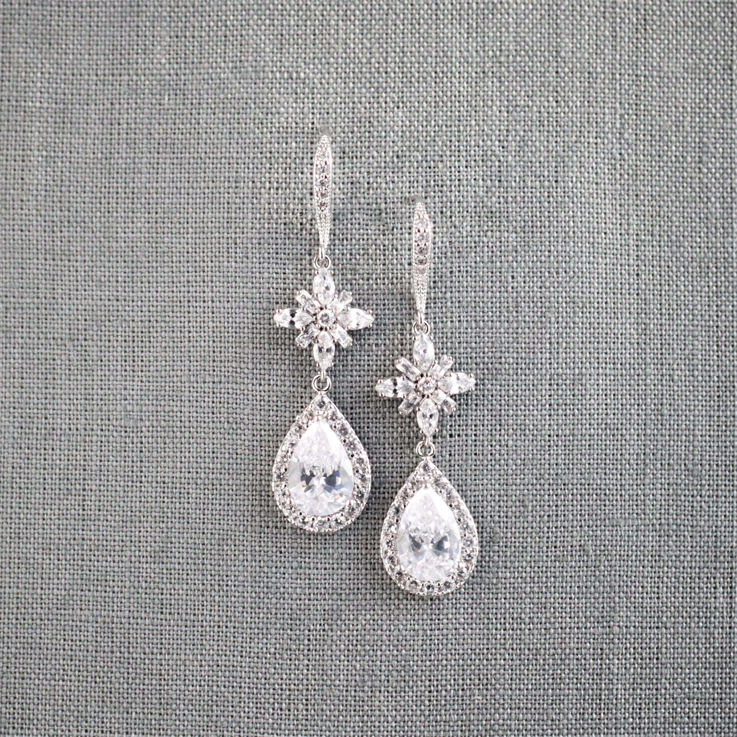Silver Dangle Teardrop Cubic Zirconia Earrings