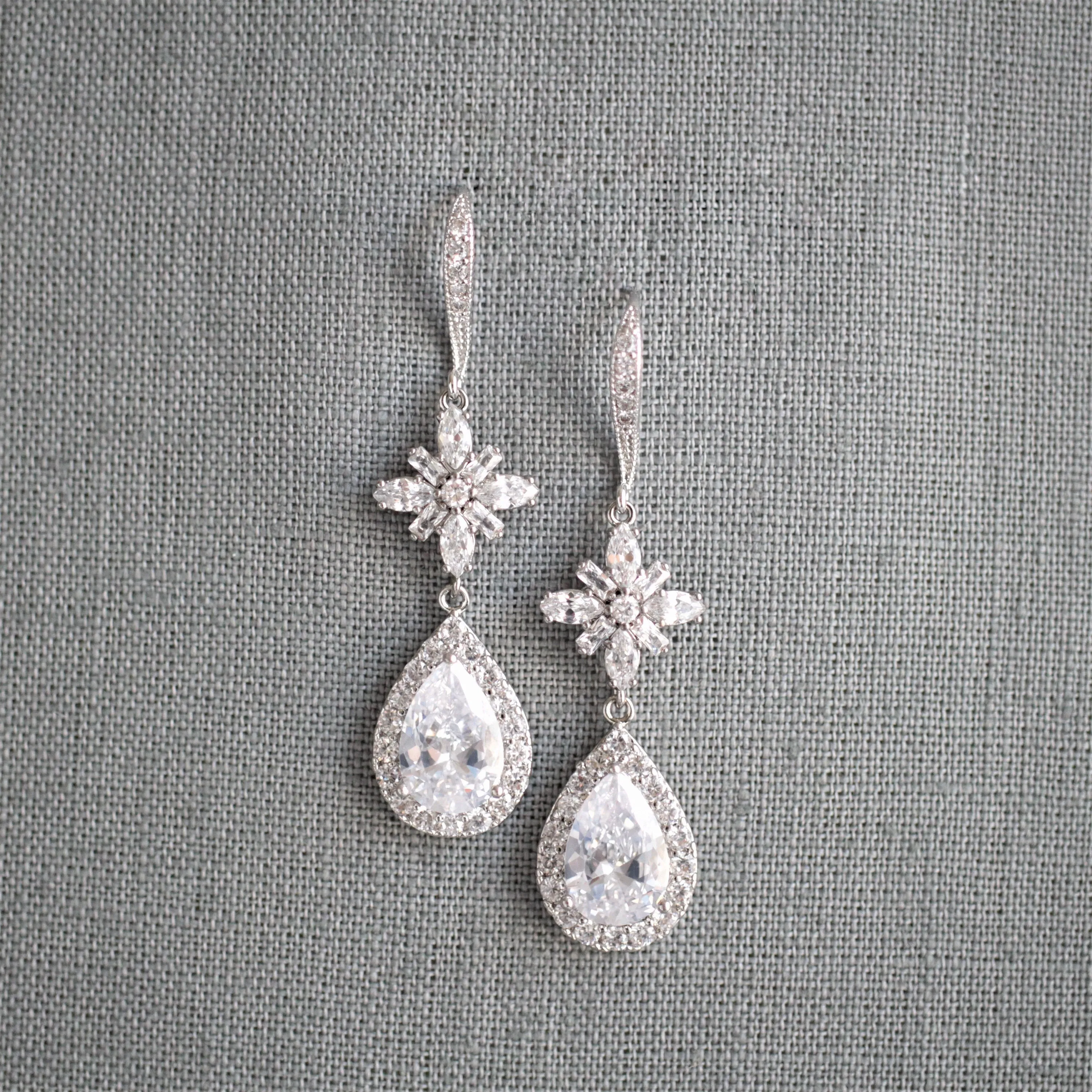 Silver Dangle Teardrop Cubic Zirconia Earrings