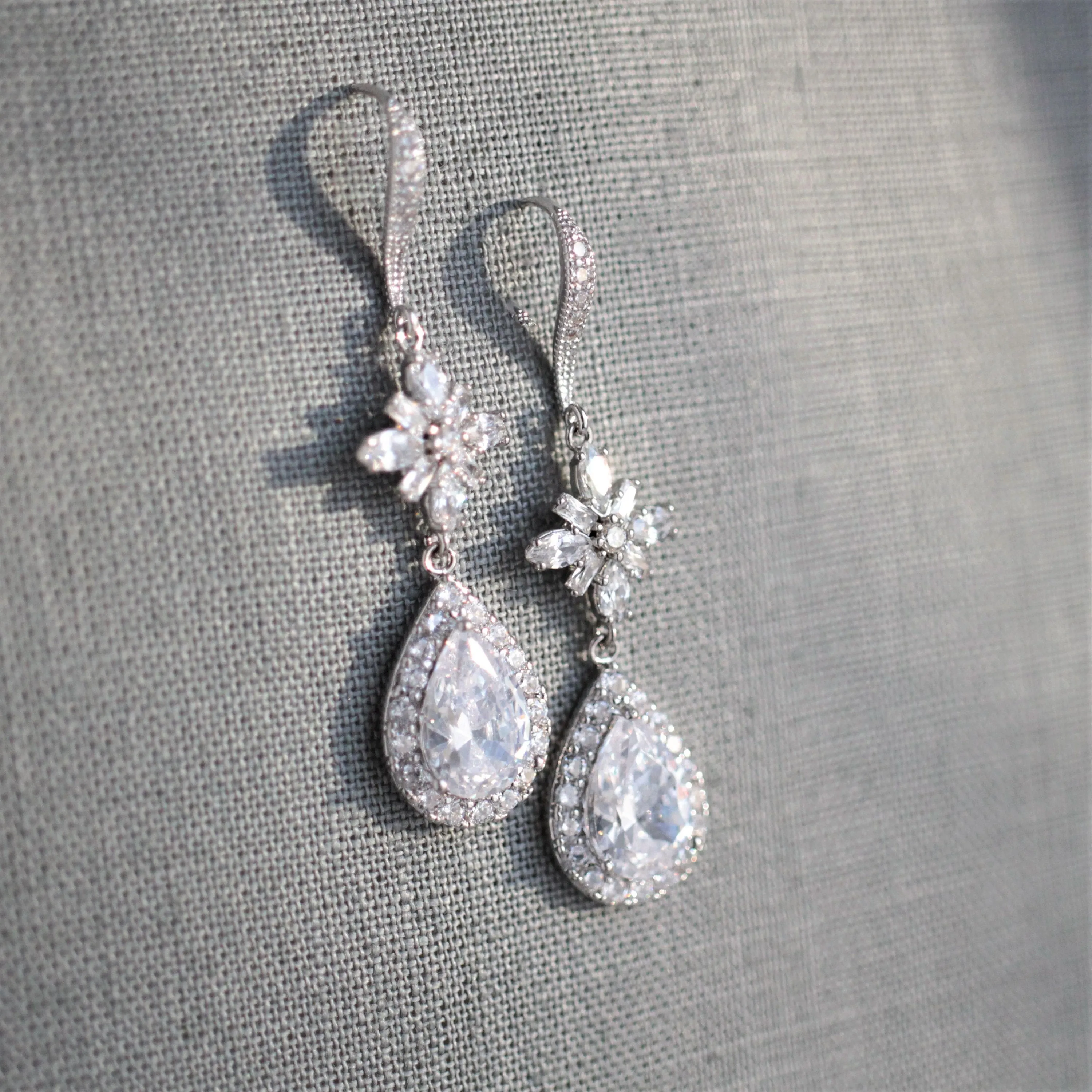 Silver Dangle Teardrop Cubic Zirconia Earrings