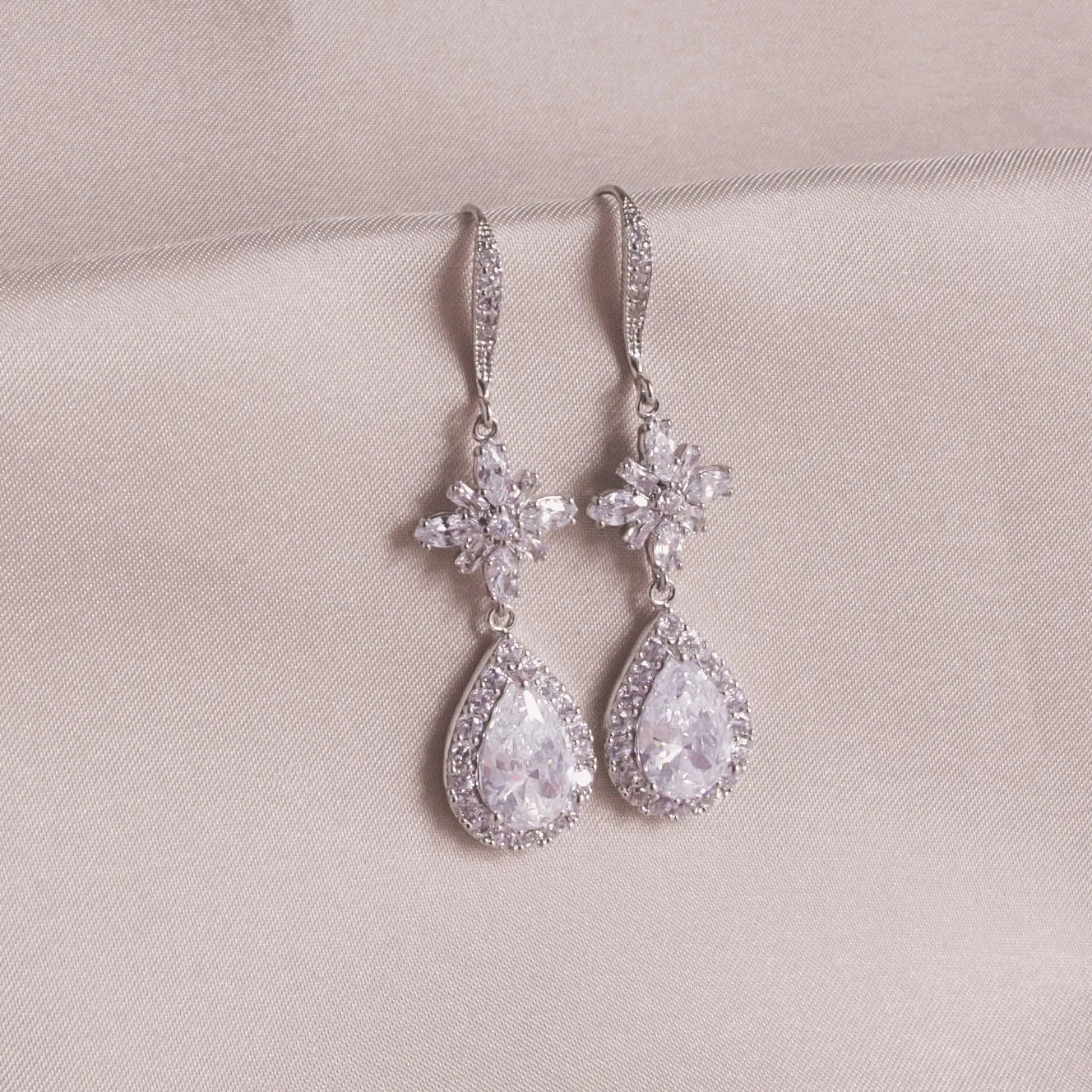 Silver Dangle Teardrop Cubic Zirconia Earrings