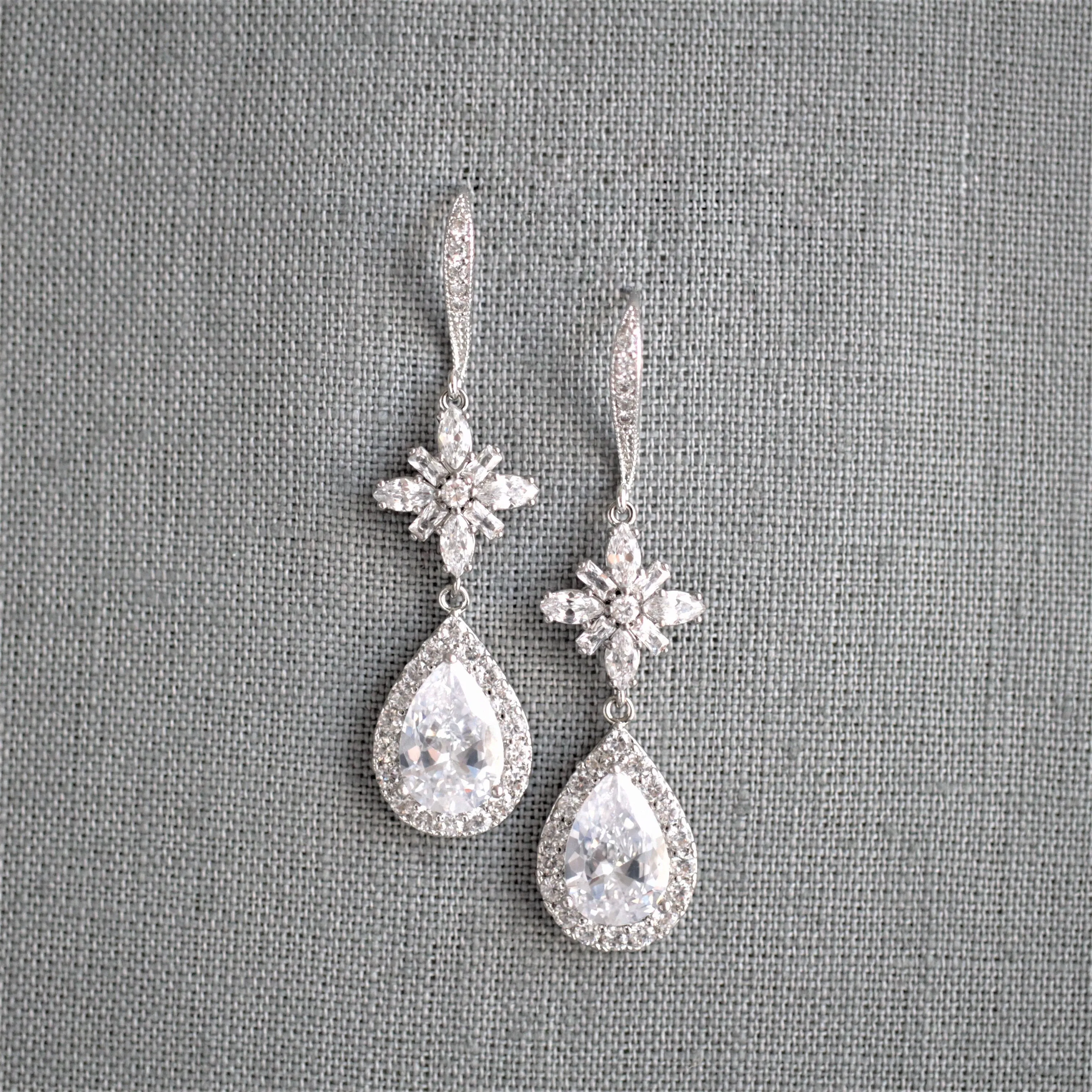 Silver Dangle Teardrop Cubic Zirconia Earrings