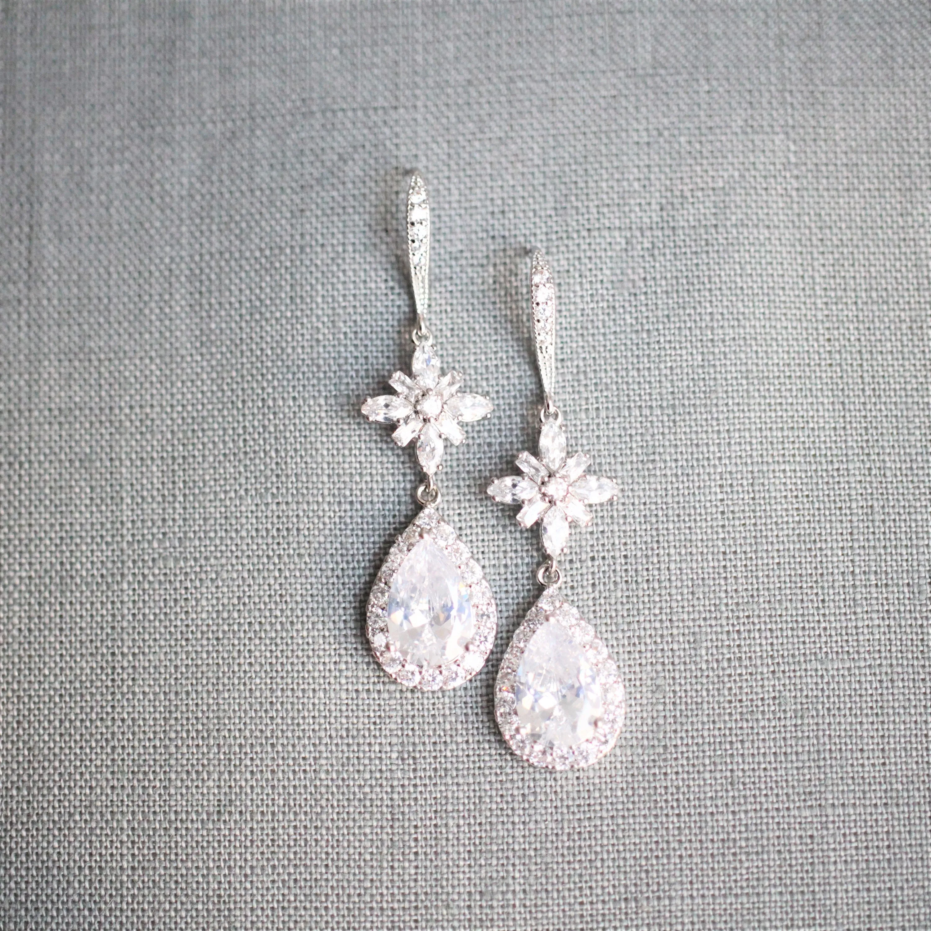 Silver Dangle Teardrop Cubic Zirconia Earrings