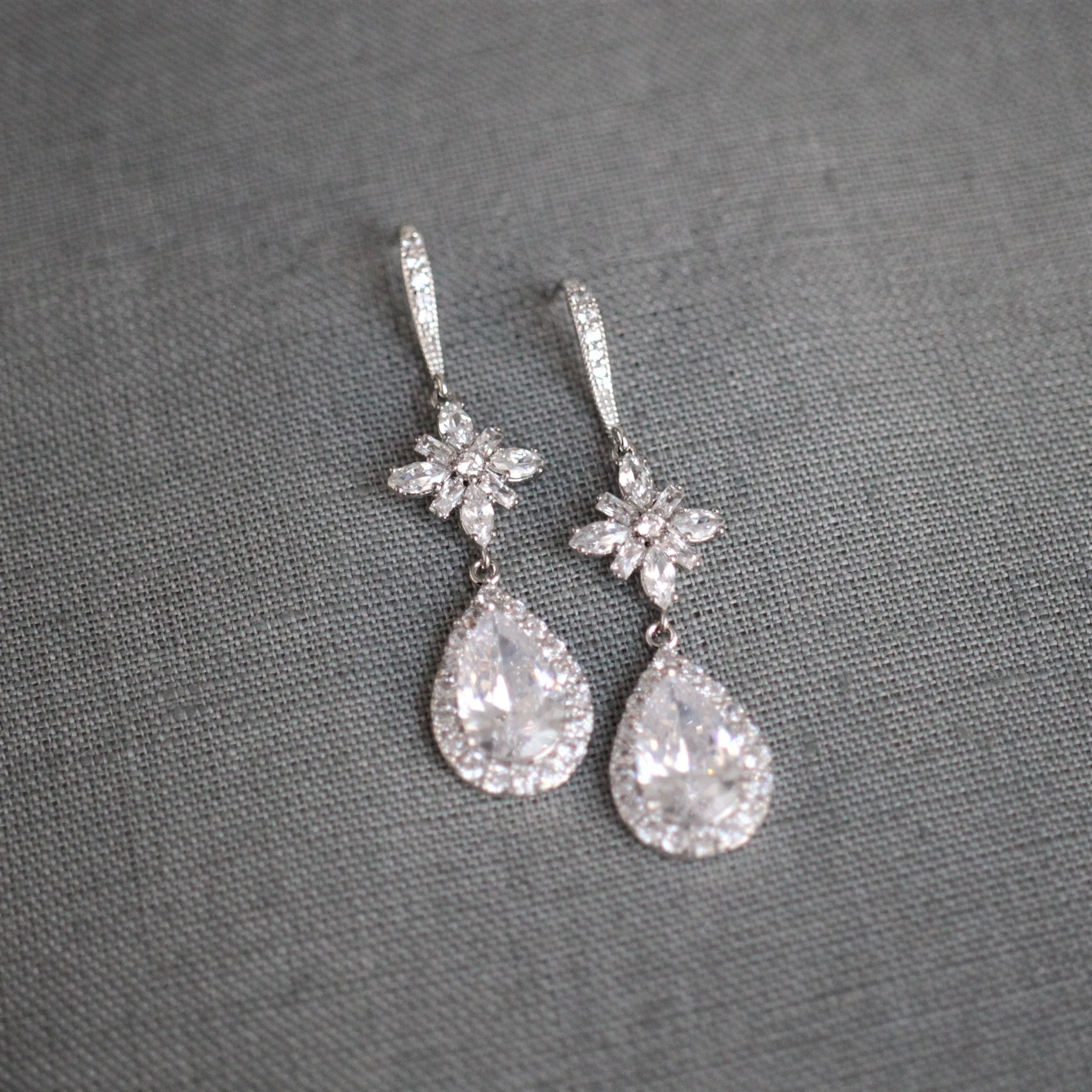 Silver Dangle Teardrop Cubic Zirconia Earrings
