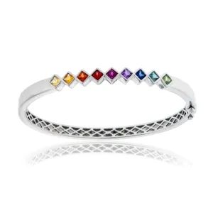 Silver Rainbow Sapphire Princess Cut Bangle Bracelet