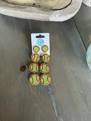 Softball seed bead triple dangle earrings
