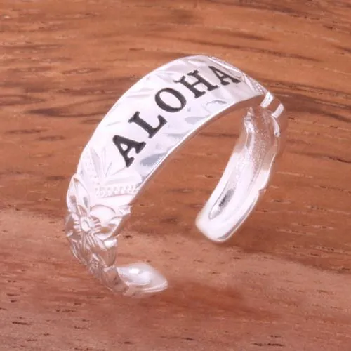 Sterling Silver Hawaiian Scroll ALOHA Cut Out Edge Toe Ring (Silver/Yellow Gold/Black Enamel) 4mm