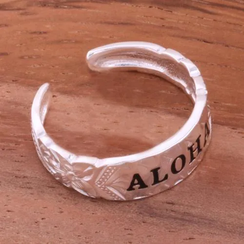 Sterling Silver Hawaiian Scroll ALOHA Cut Out Edge Toe Ring (Silver/Yellow Gold/Black Enamel) 4mm