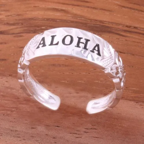 Sterling Silver Hawaiian Scroll ALOHA Cut Out Edge Toe Ring (Silver/Yellow Gold/Black Enamel) 4mm