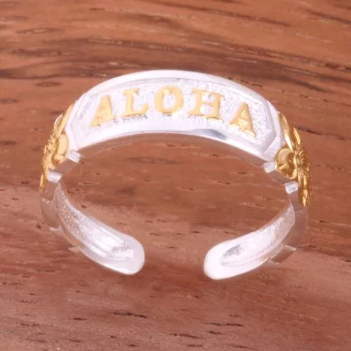 Sterling Silver Hawaiian Scroll ALOHA Cut Out Edge Toe Ring (Silver/Yellow Gold/Black Enamel) 4mm